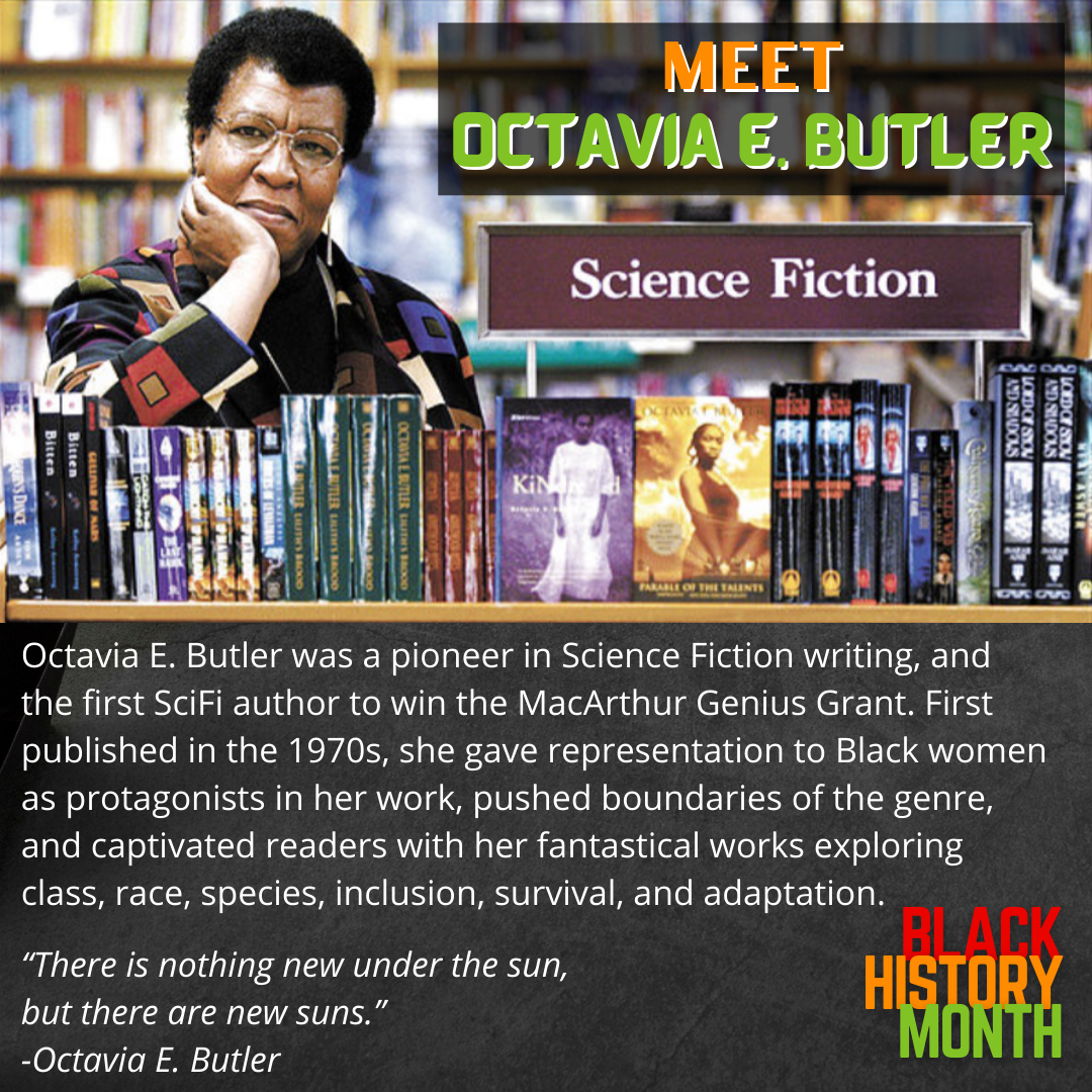 author octavia butler standing over a wall of her works